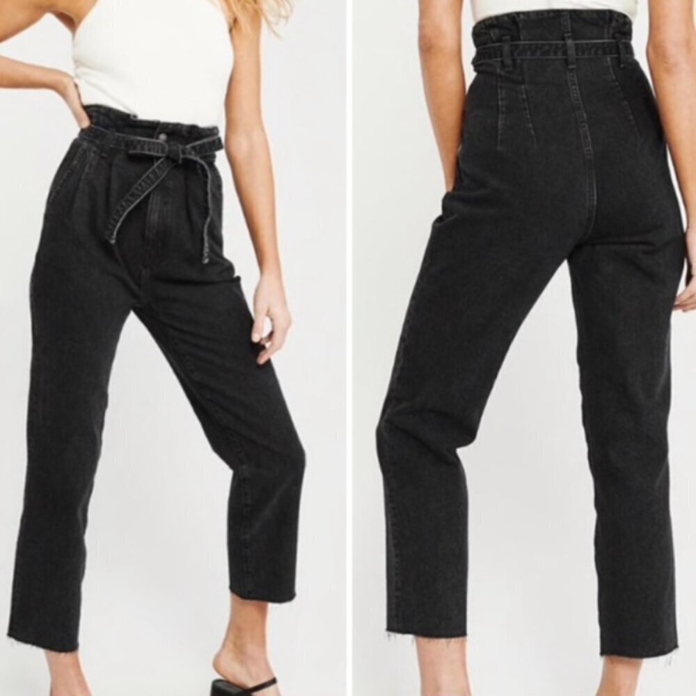 🦋 Abercrombie & Fitch Black High Rise Paperbag Belted Mom Jeans 80s Style 25